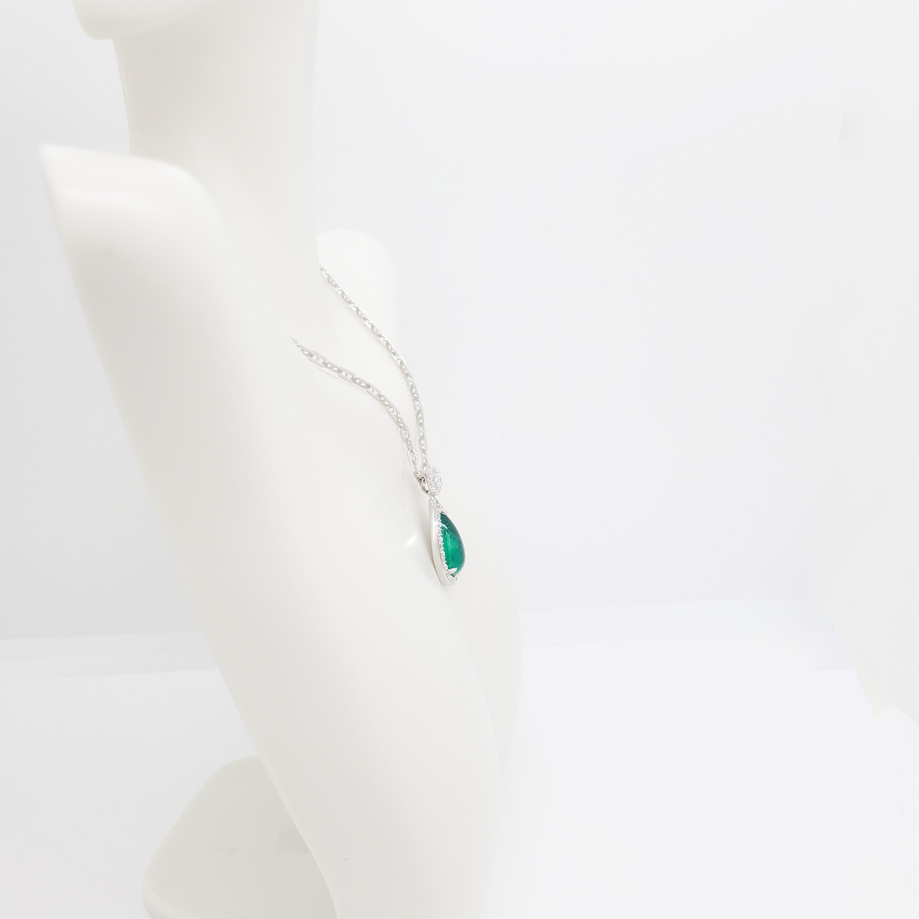 Pear Cut Emerald Cabochon Pear and Diamond Pendant Necklace in 18k White Gold For Sale