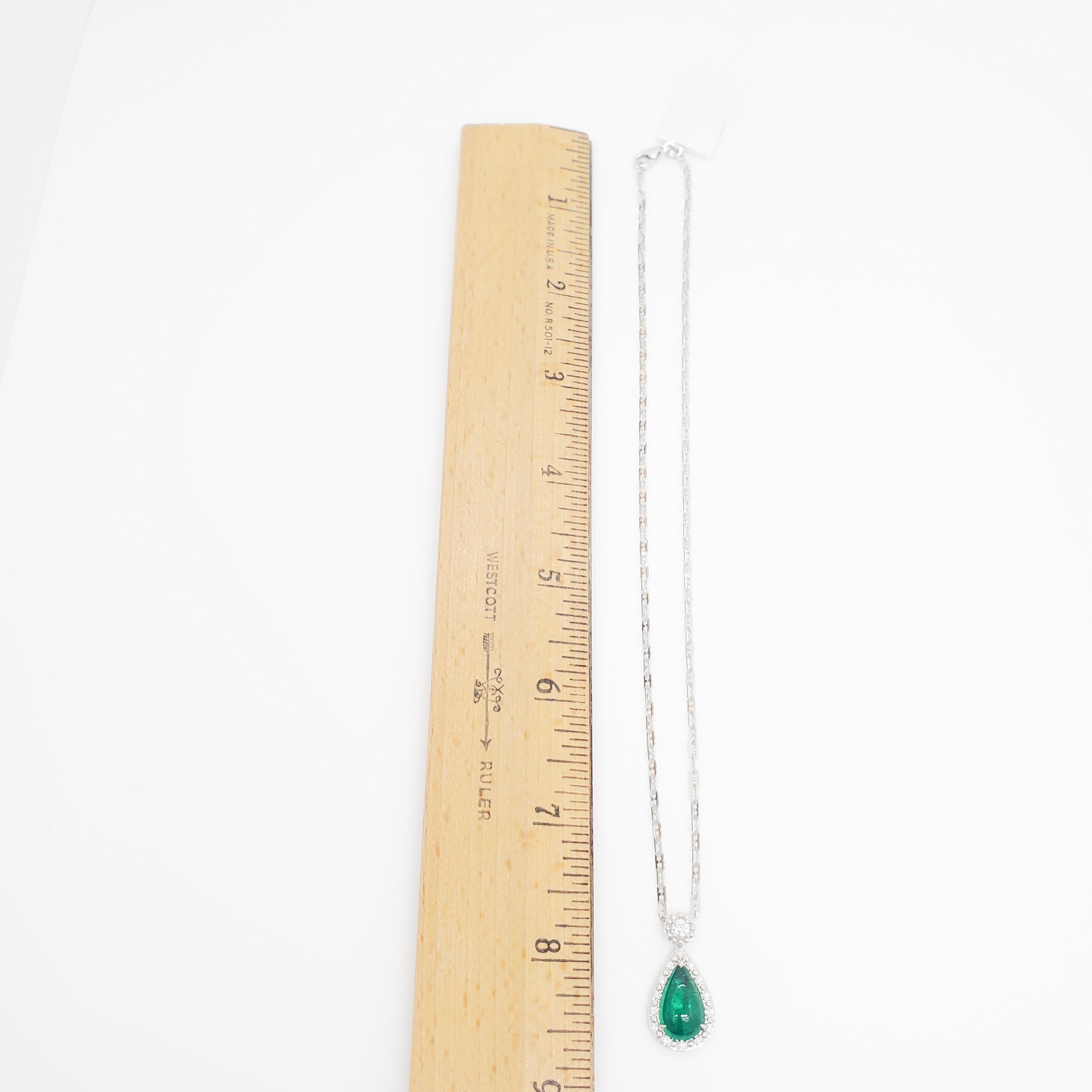 Women's or Men's Emerald Cabochon Pear and Diamond Pendant Necklace in 18k White Gold For Sale