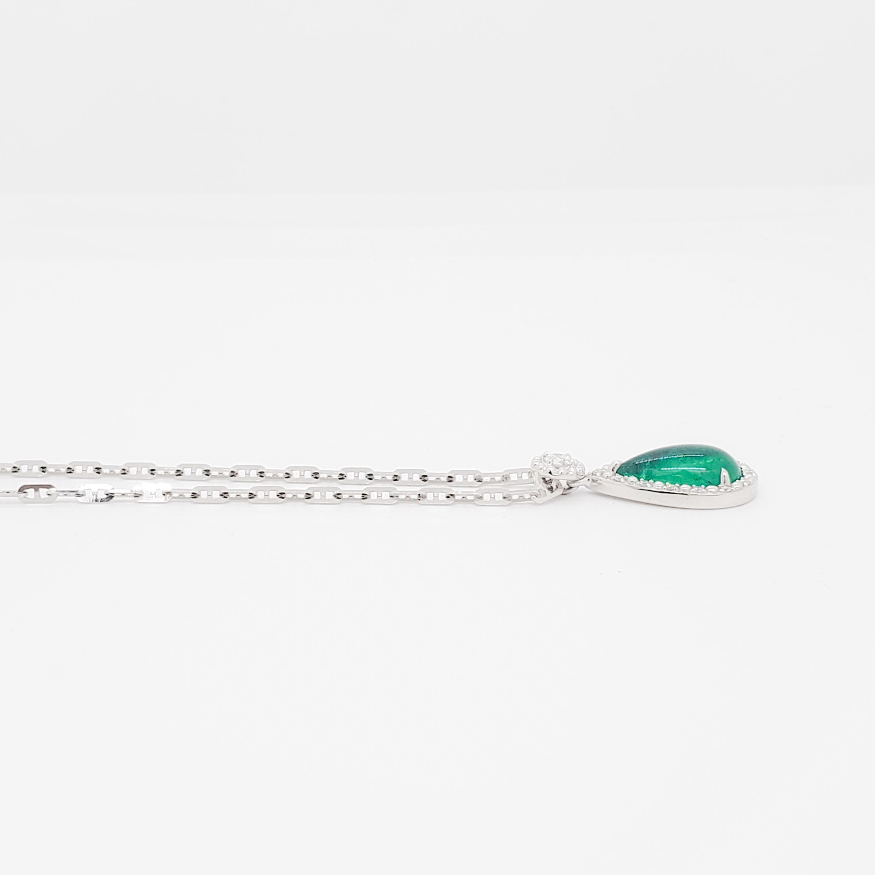 Emerald Cabochon Pear and Diamond Pendant Necklace in 18k White Gold For Sale 2