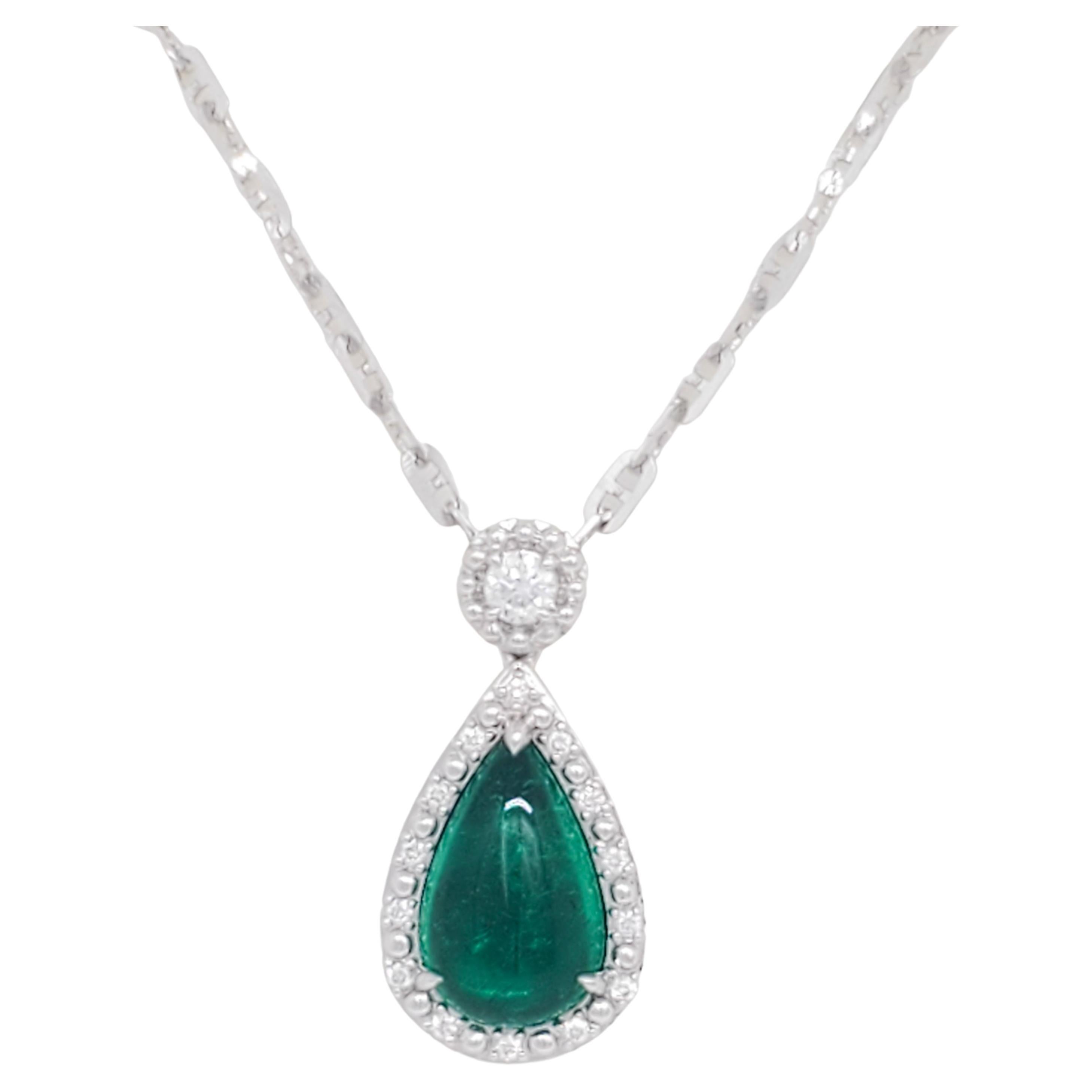 Emerald Cabochon Pear and Diamond Pendant Necklace in 18k White Gold For Sale