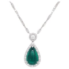 Emerald Cabochon Pear and Diamond Pendant Necklace in 18k White Gold