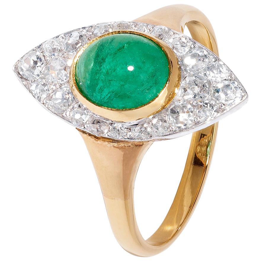 1.17 Carats Emerald Cabochon Ring with Vintage-Style Diamond Cluster