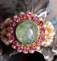 Emerald Cabochon, Ruby and Seed Pearl Dome Ring in 22 Karat Gold