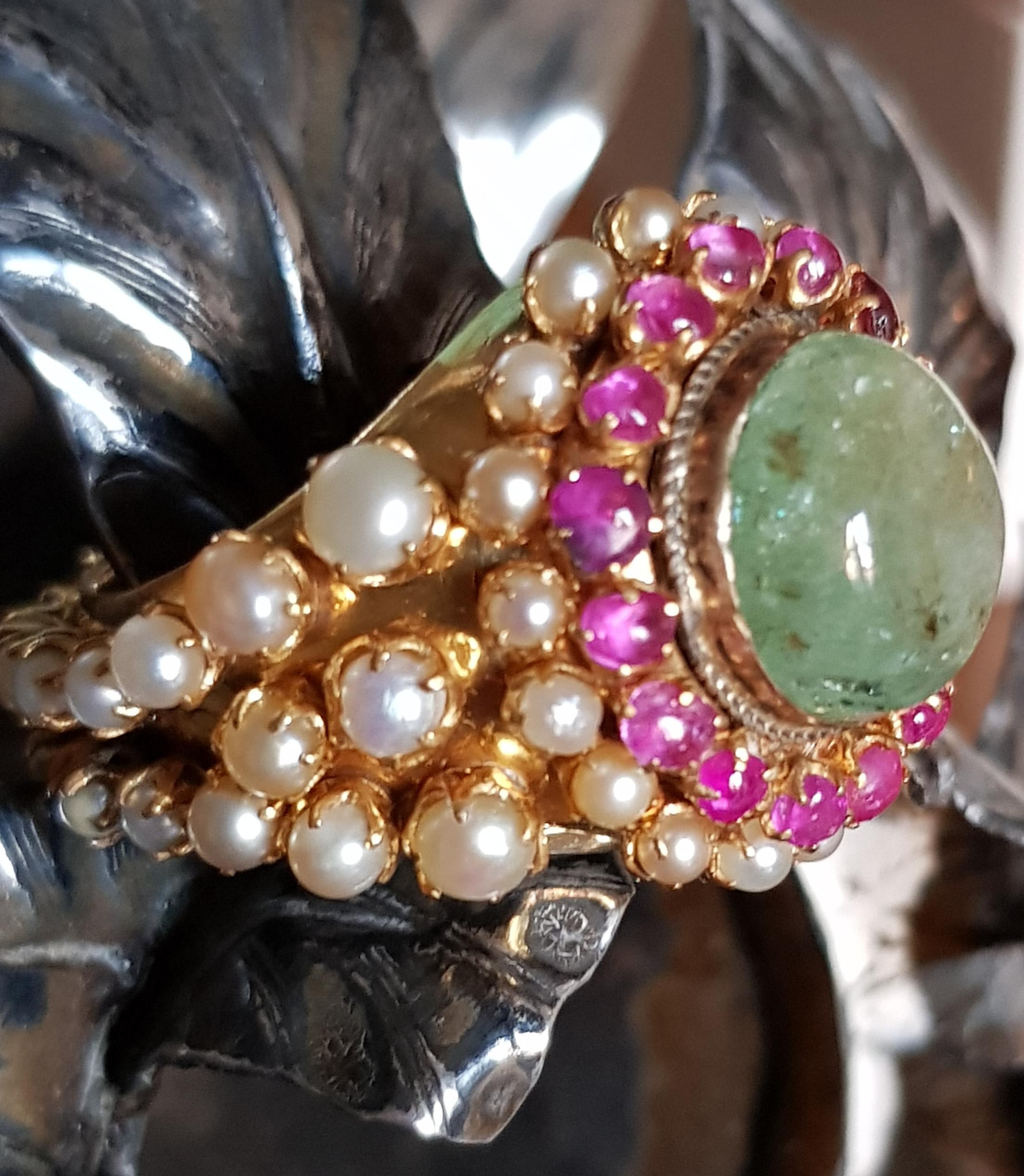 Emerald Cabochon, Ruby and Seed Pearl Dome Ring in 22 Karat Gold For Sale 1