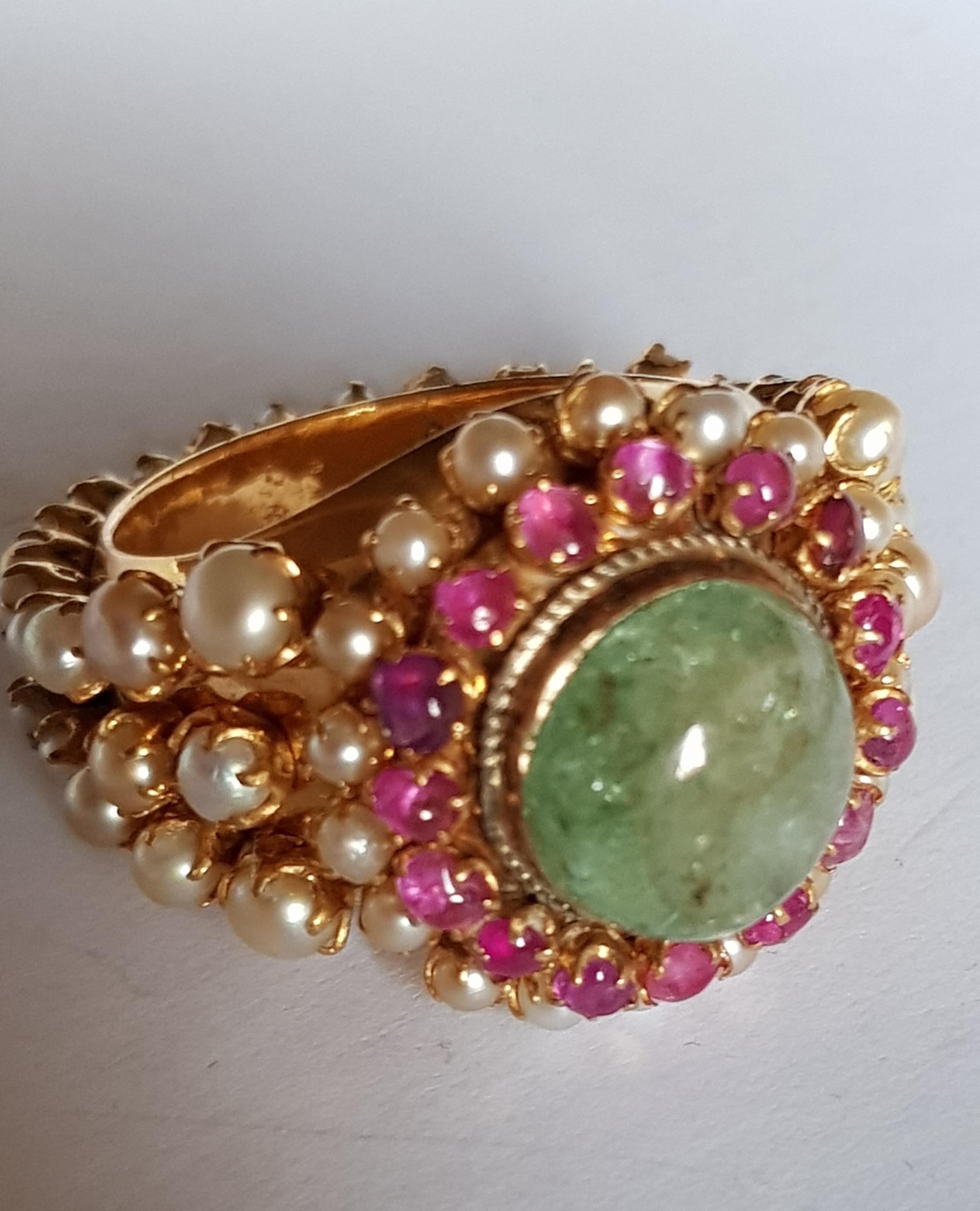 Emerald Cabochon, Ruby and Seed Pearl Dome Ring in 22 Karat Gold For Sale 2