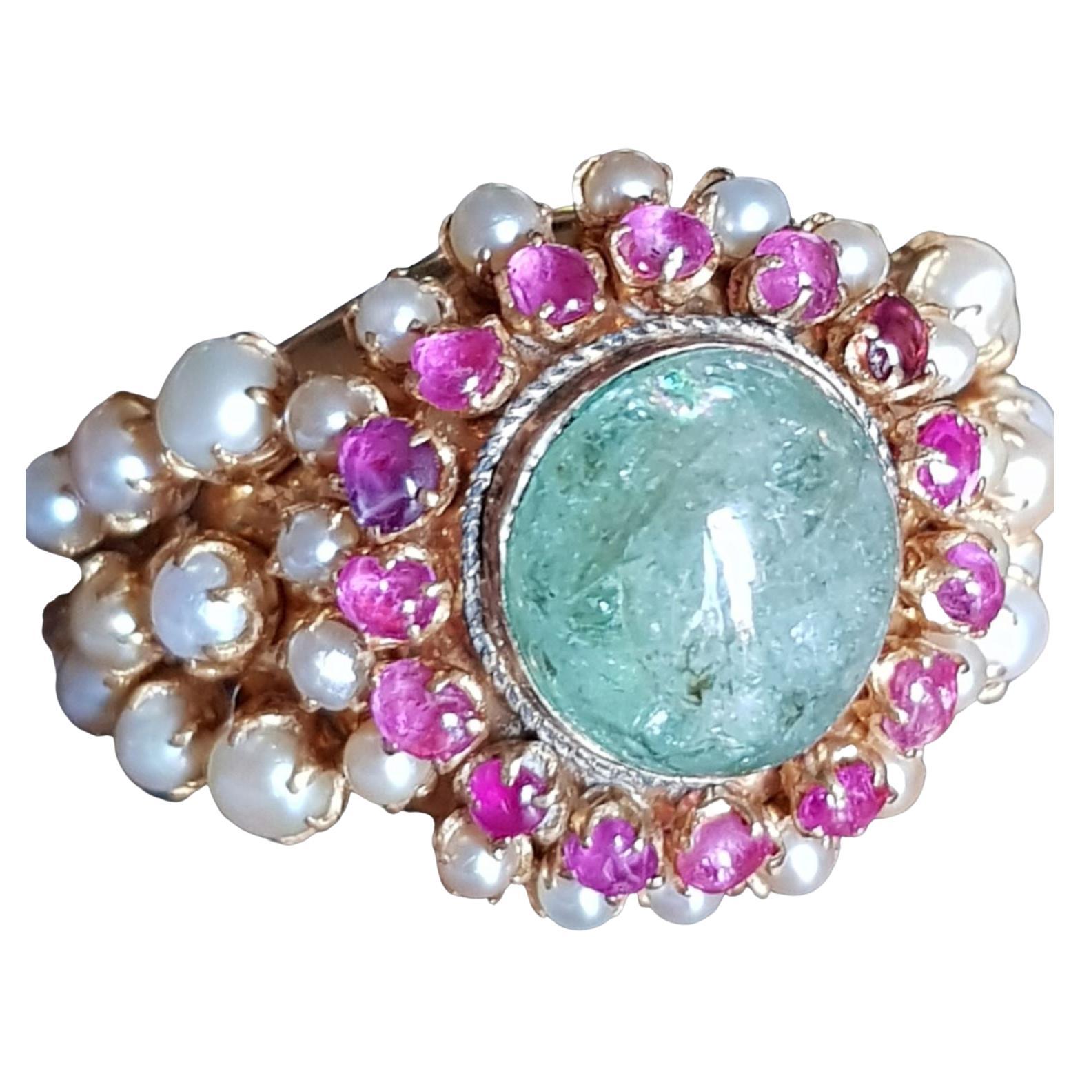 Emerald Cabochon, Ruby and Seed Pearl Dome Ring in 22 Karat Gold