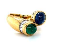 Emerald Cabochon, Sapphire Cabochon and Diamond Baguette Ring in 18k Yellow Gold