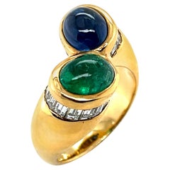 Emerald Cabochon, Sapphire Cabochon and Diamond Baguette Ring in 18k Yellow Gold