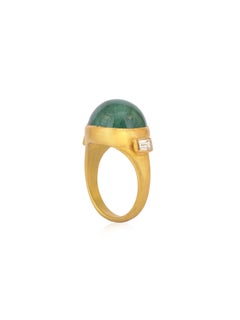 Emerald Cabochon Statement Ring with Diamond Baguettes Handmade in 22k Gold