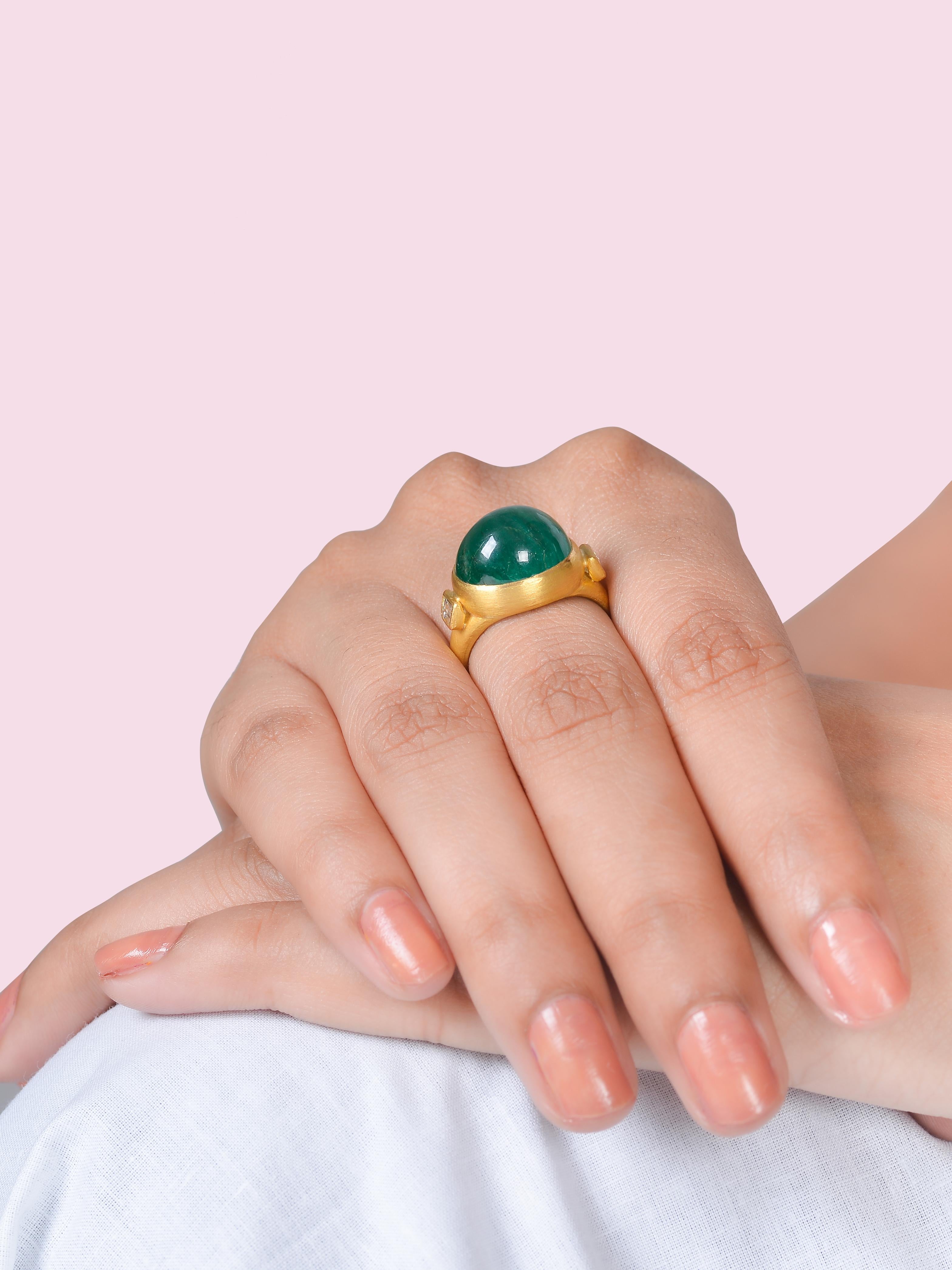 Women's or Men's Emerald Cabochon Statement Ring with Diamond Baguettes Handmade in 22k Gold For Sale