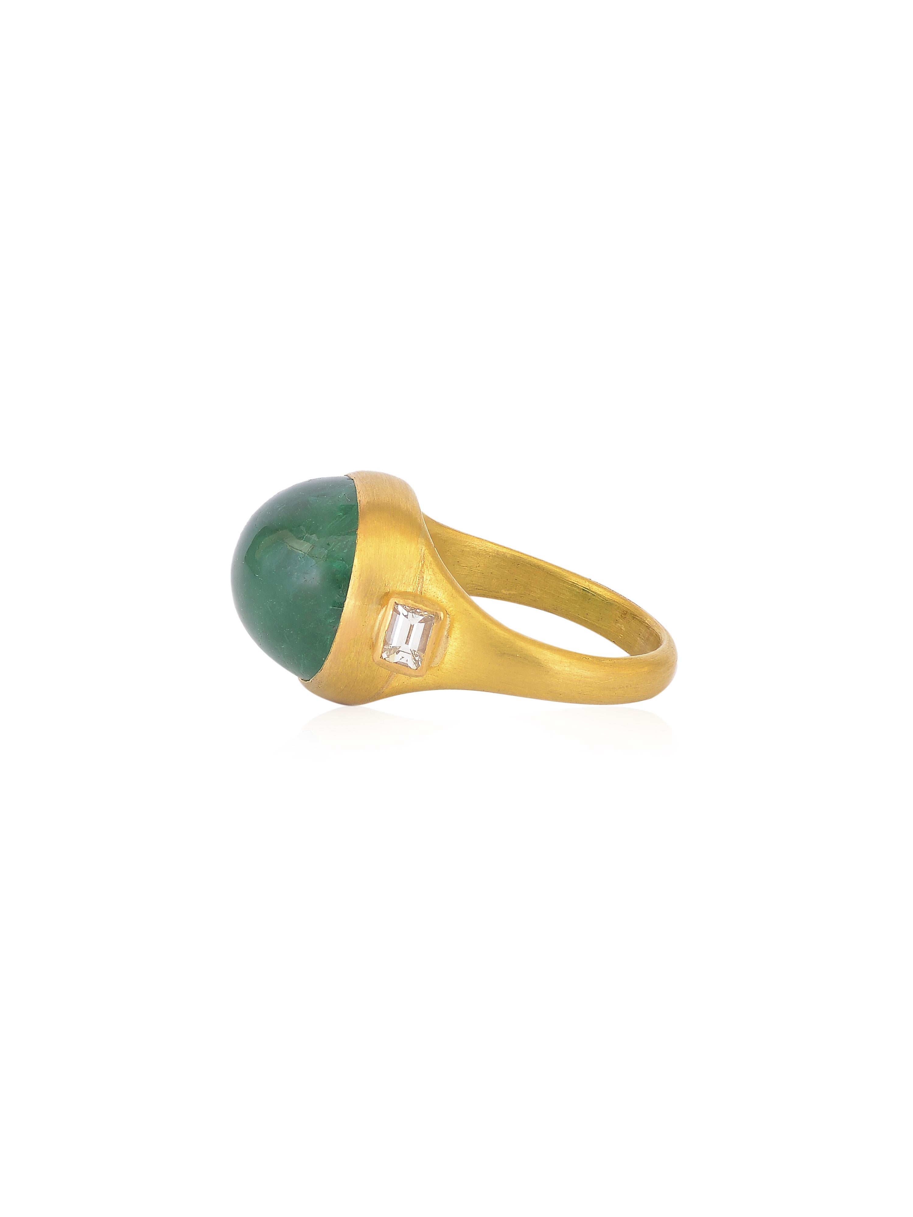 Emerald Cabochon Statement Ring with Diamond Baguettes Handmade in 22k Gold For Sale 1