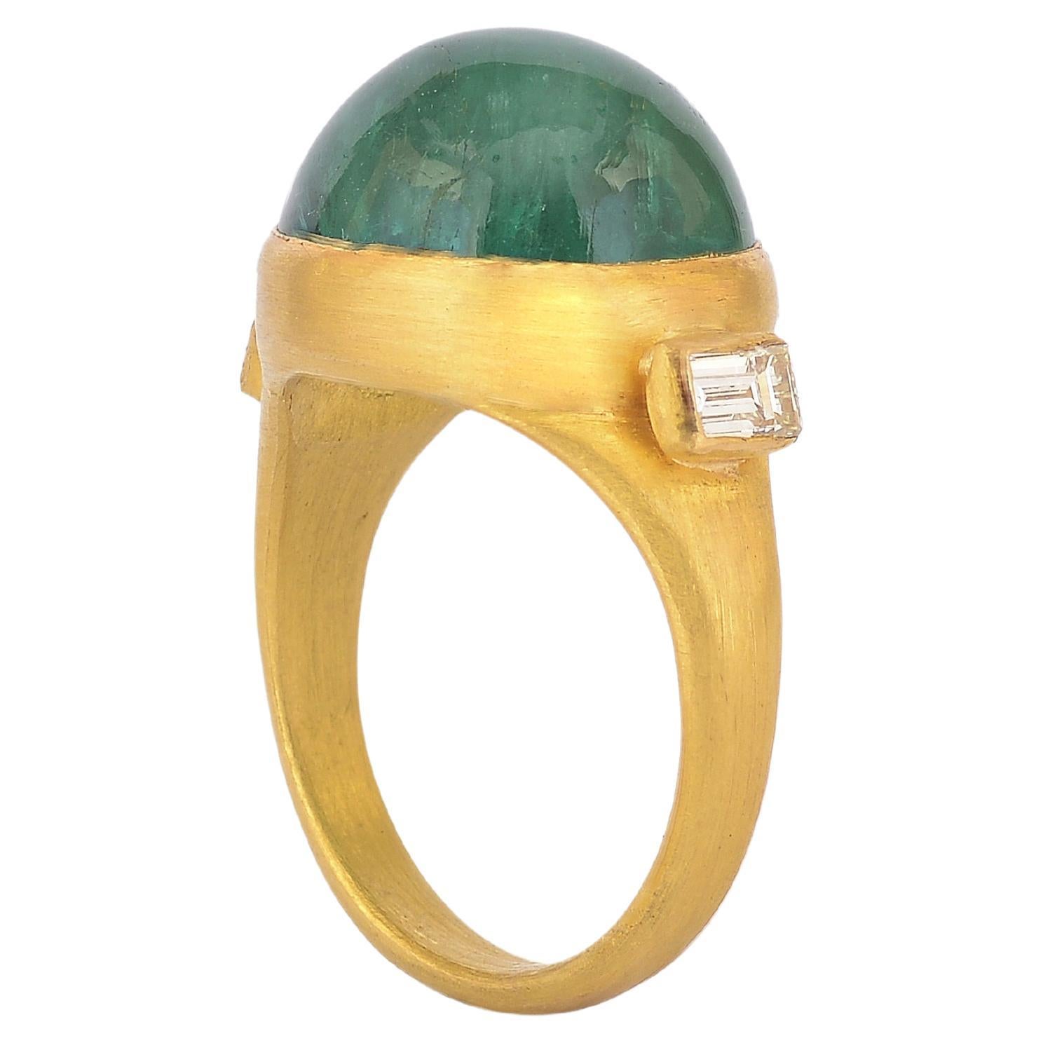 Emerald Cabochon Statement Ring with Diamond Baguettes Handmade in 22k Gold For Sale