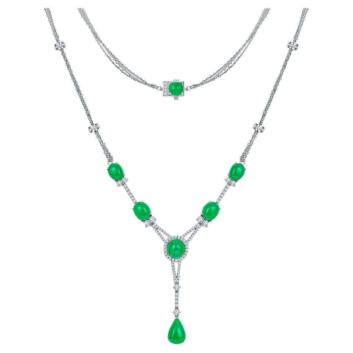 Eostre Emerald Cabochon and Diamond Necklace in 18K White Gold For Sale
