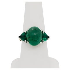 Emerald Cabochon Three Stone Ring in Platinum and 18k Yellow Gold