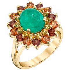 Emerald Cabochon, Golden Tourmaline & Garnet Halo Yellow Gold Cocktail Ring