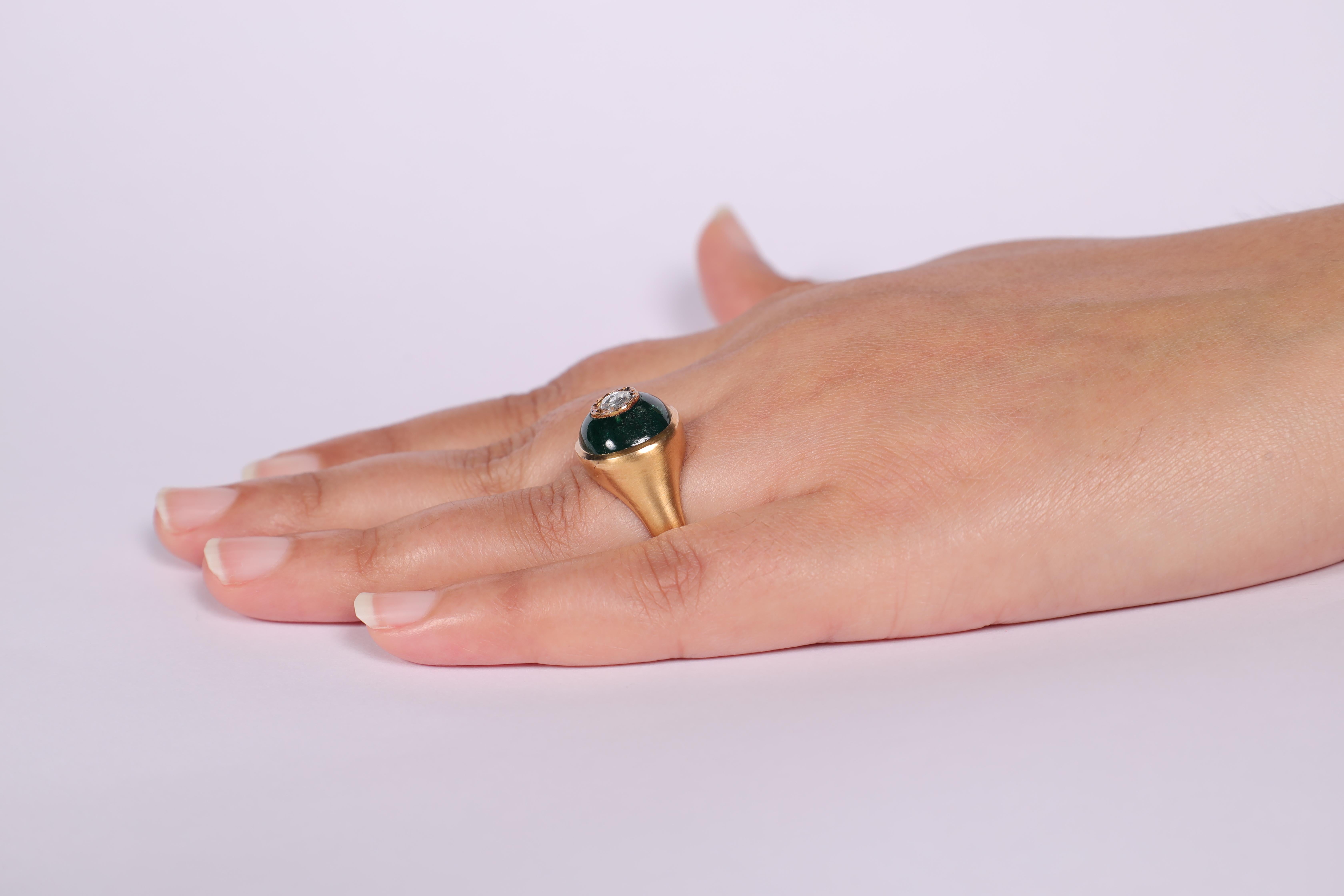Emerald Cabochon(13.01Carat) Ring with Vintage-Style Diamond Inlaid(0.30Carat) 1
