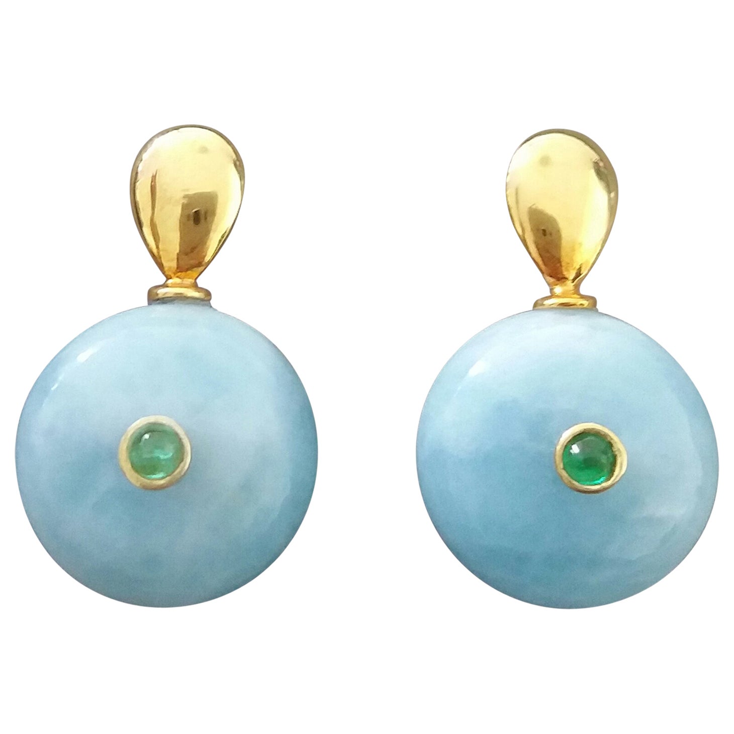 Smaragd Cabs 14K Gold flache Tropfenförmige Tops Aquamarin-Ohrstecker im Angebot