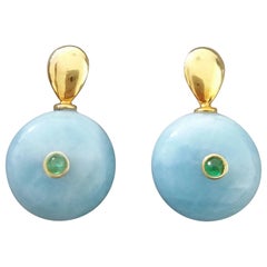 Emerald Cabs 14K Gold Flat Drop Shape Tops Wheel Shape Aquamarine Stud Earrings