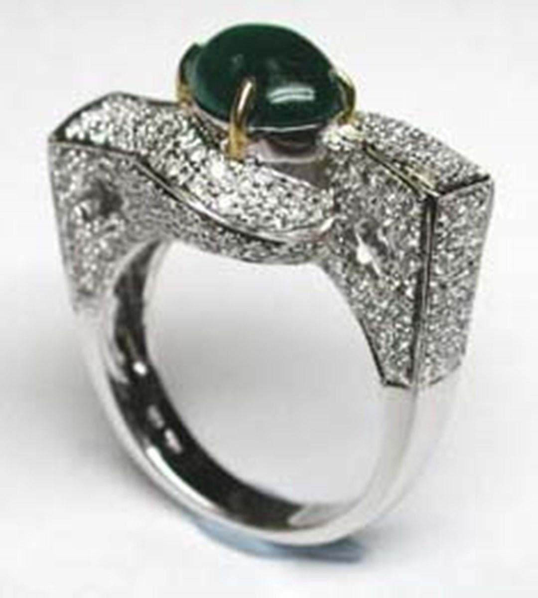 Emerald Cabuchon Cts 2.11 and Diamond Engagement Ring For Sale 3