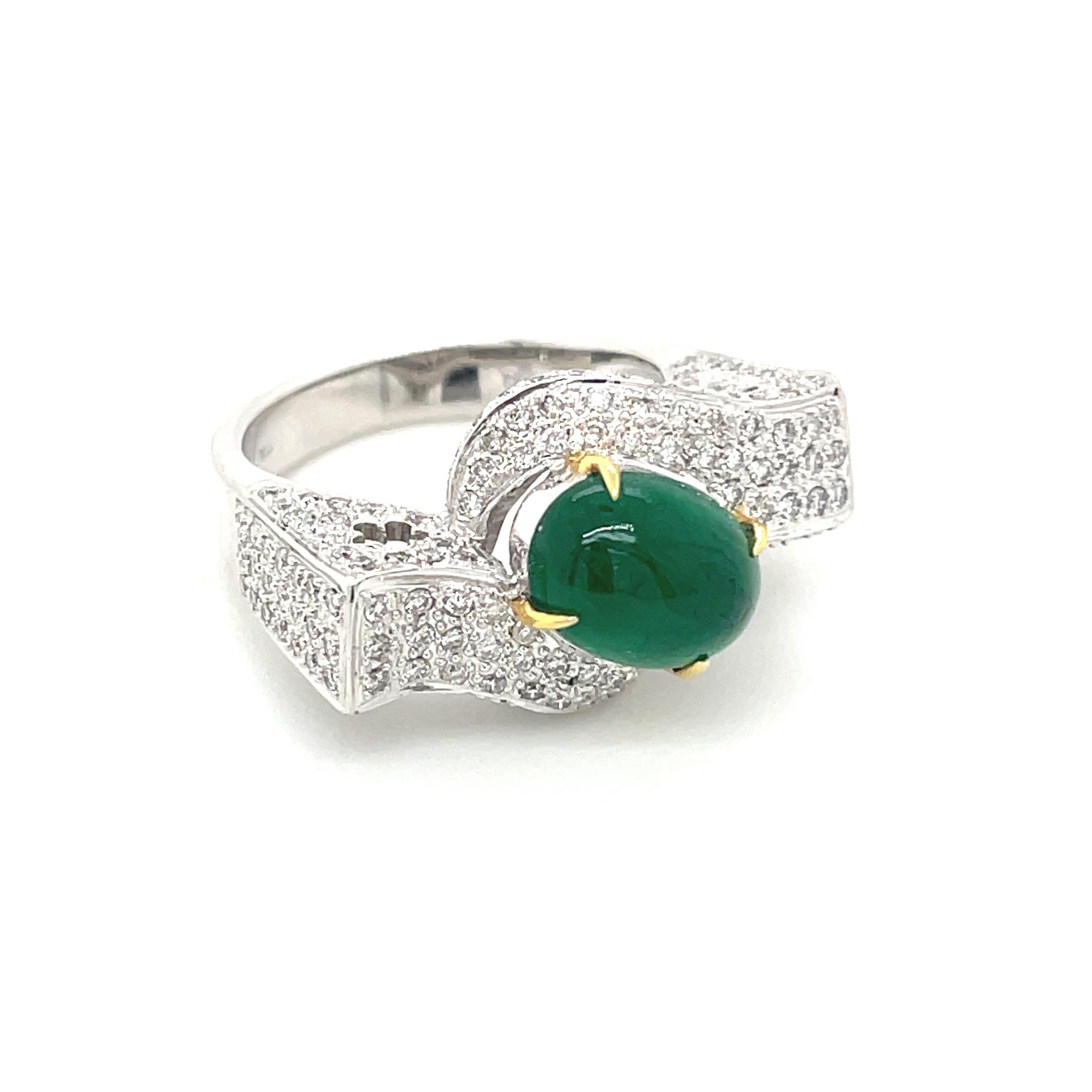 Contemporary Emerald Cabuchon Cts 2.11 and Diamond Engagement Ring For Sale