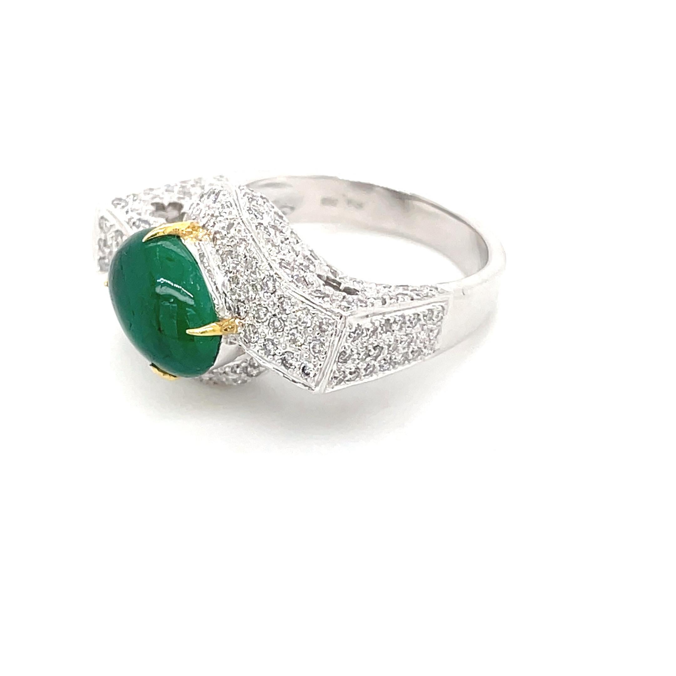 Emerald Cabuchon Cts 2.11 and Diamond Engagement Ring In New Condition For Sale In Hong Kong, HK