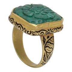 Emerald Carved Cabochon Ring in 22 Karat Gold with Black Enamel Work