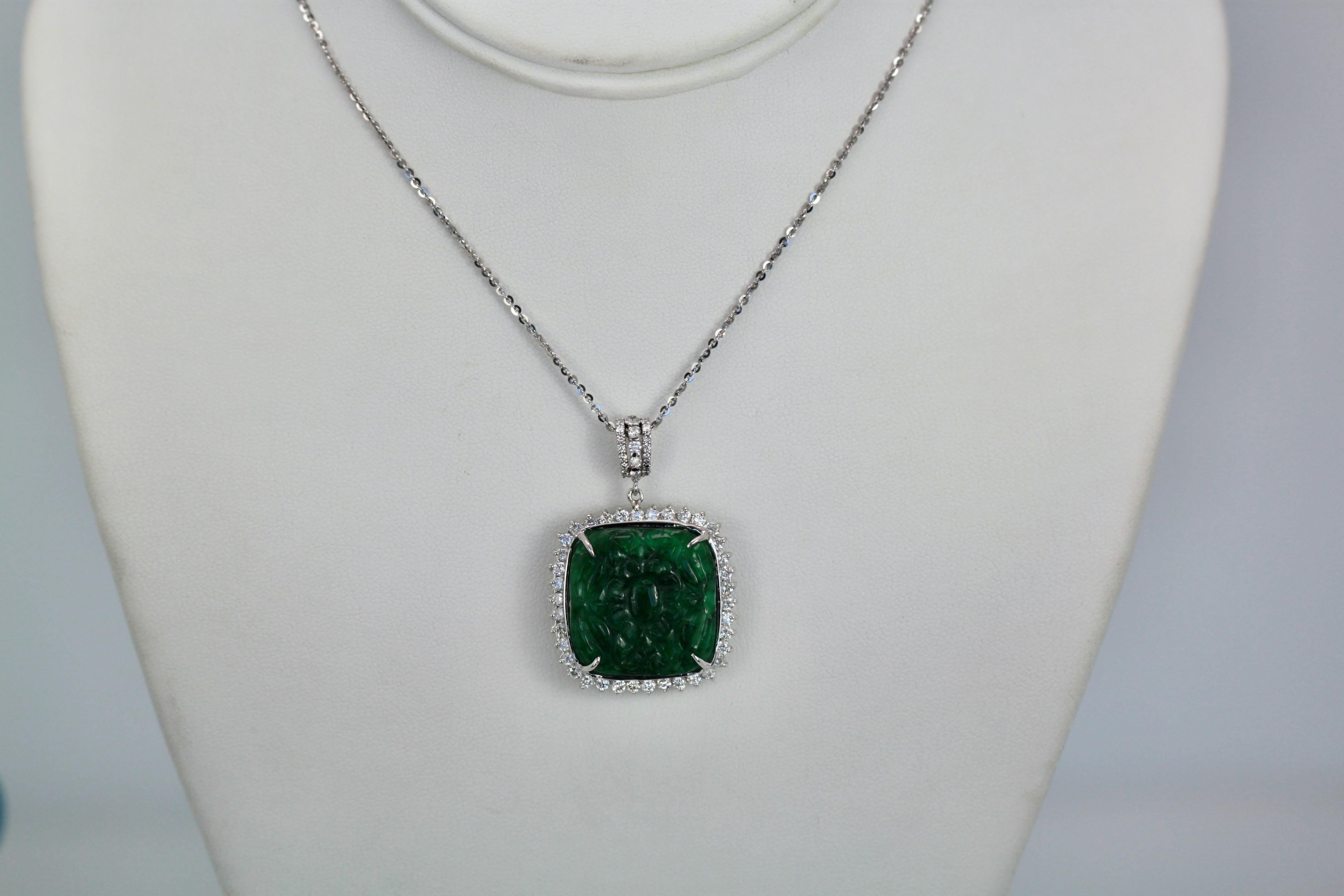 Emerald Carved Pendant Set in Diamond Surround 18K 6