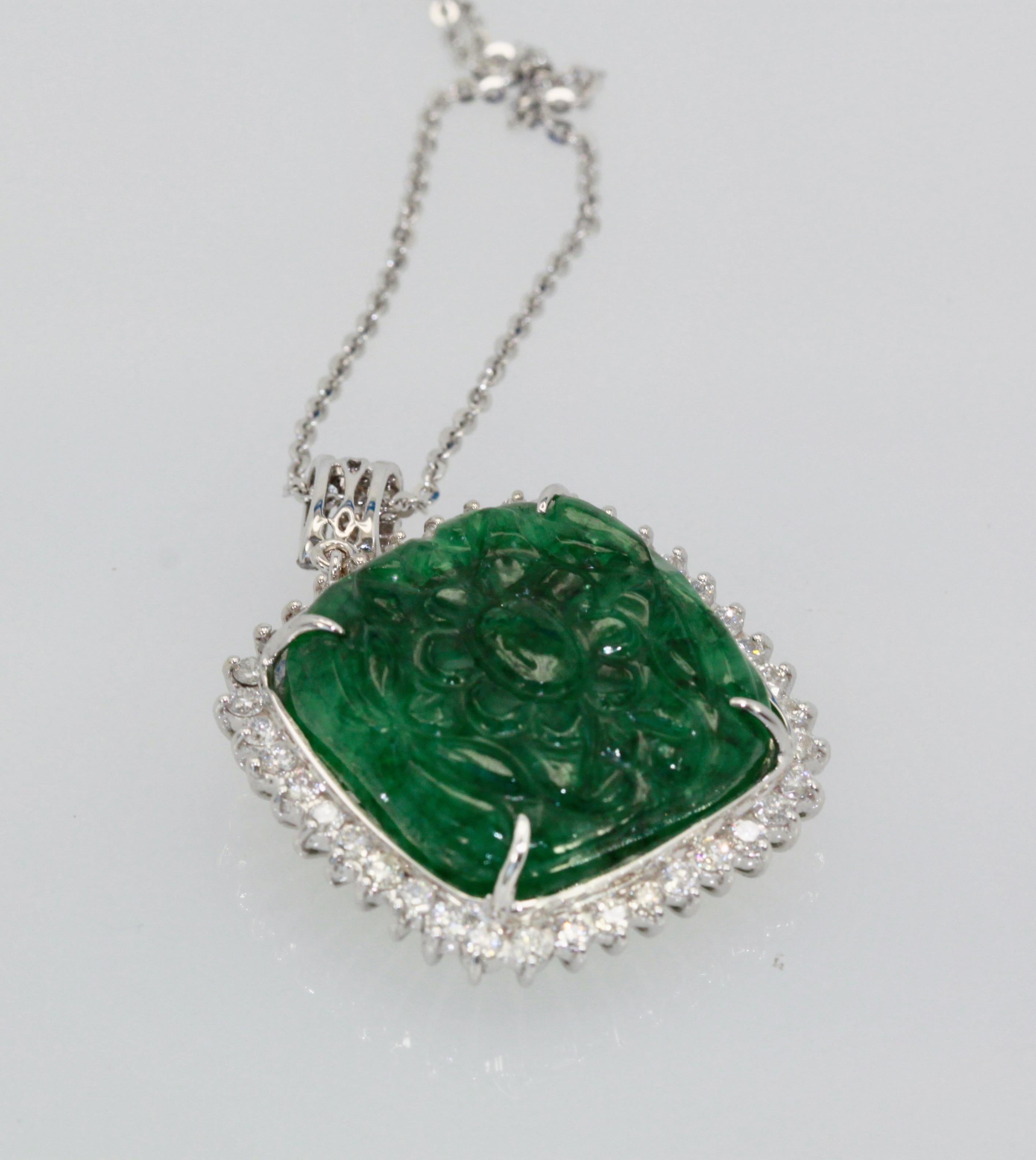 Art Deco Emerald Carved Pendant Set in Diamond Surround 18K