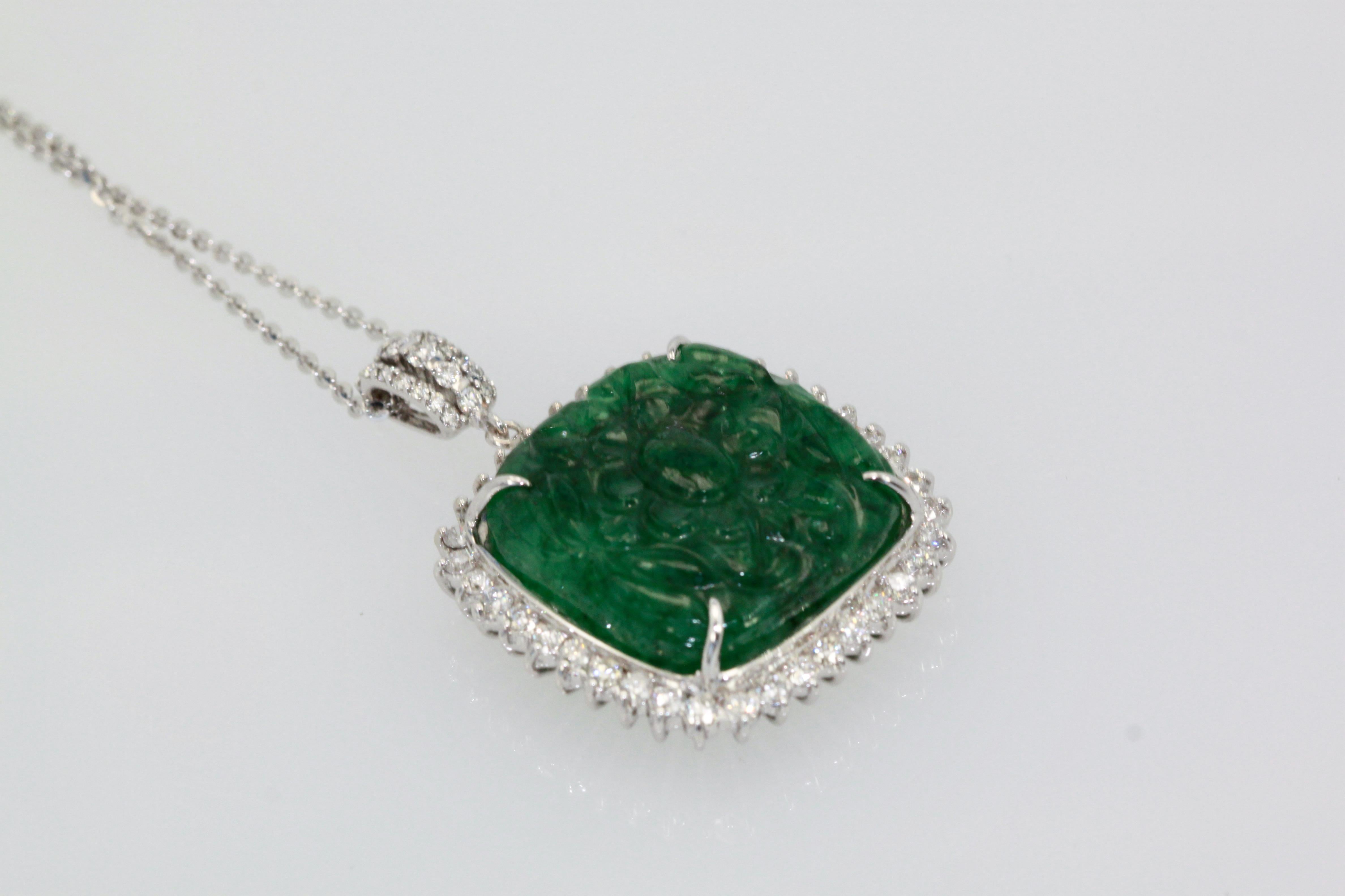 Emerald Carved Pendant Set in Diamond Surround 18K In New Condition In North Hollywood, CA