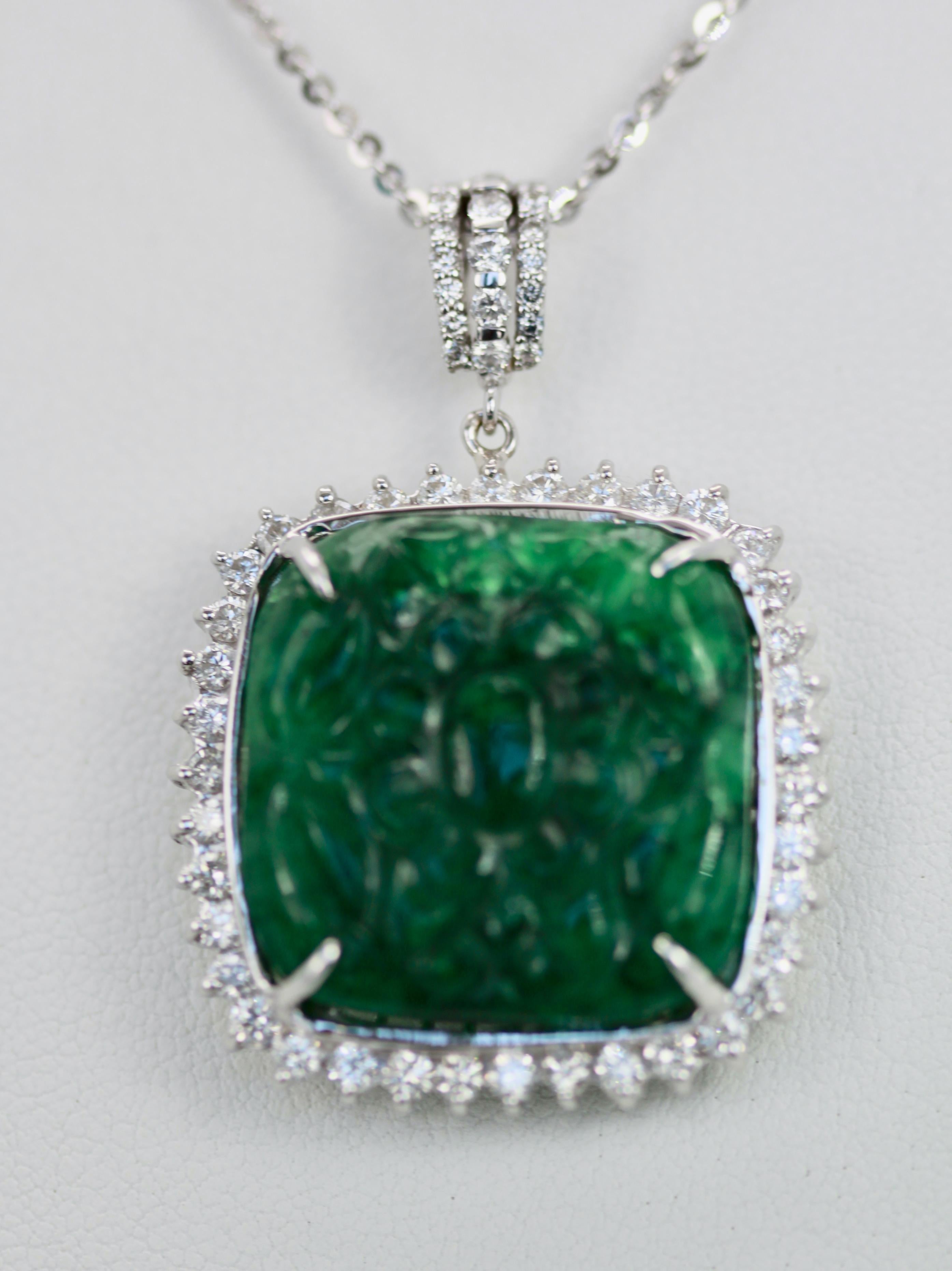 Emerald Carved Pendant Set in Diamond Surround 18K 2
