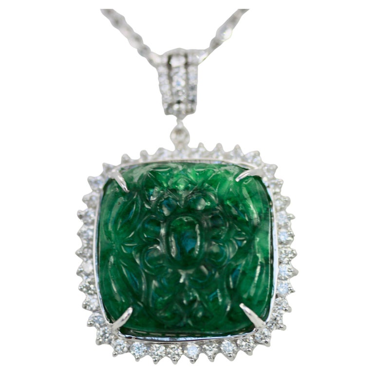 Emerald Carved Pendant Set in Diamond Surround 18K For Sale at 1stDibs
