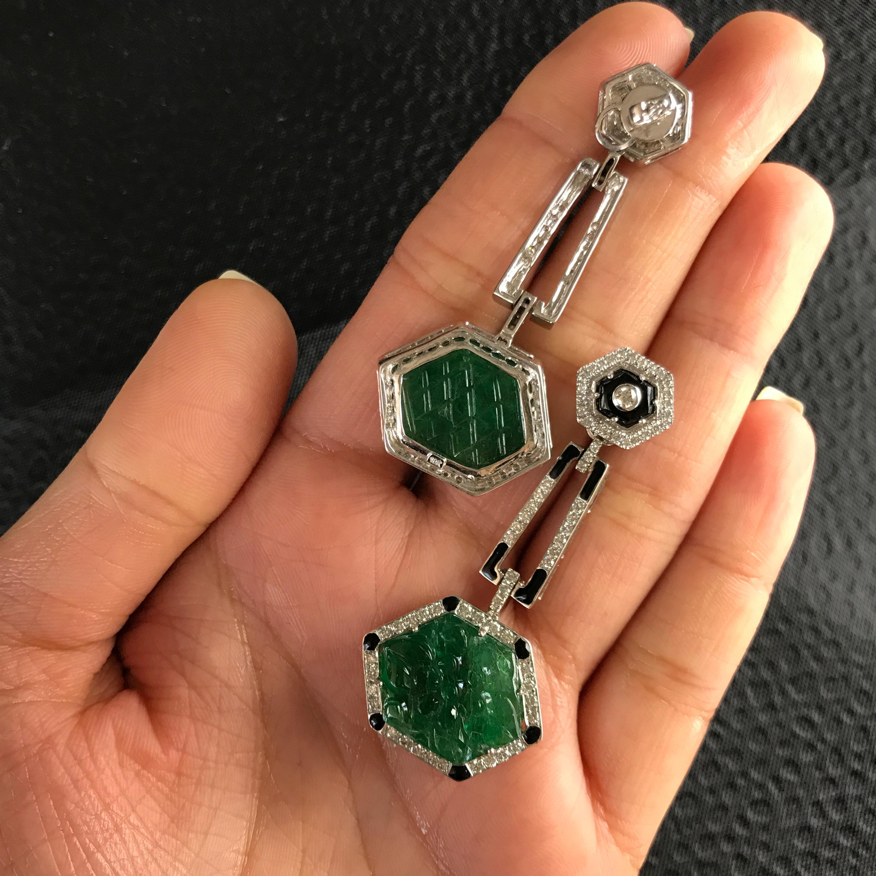 Art Deco Emerald Carving, Diamond and Black Enamel Dangling Earrings