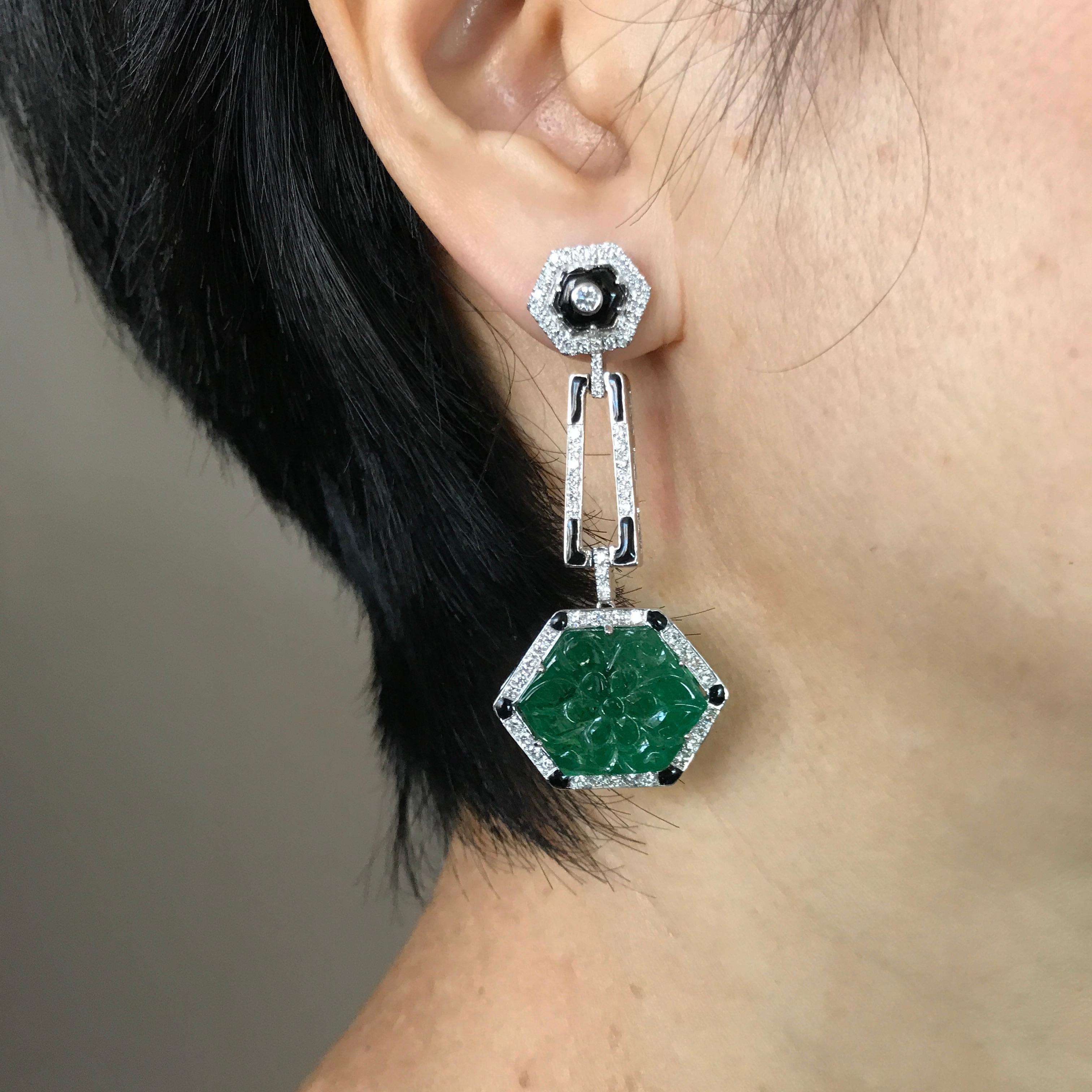 Emerald Carving, Diamond and Black Enamel Dangling Earrings In New Condition In Bangkok, Thailand