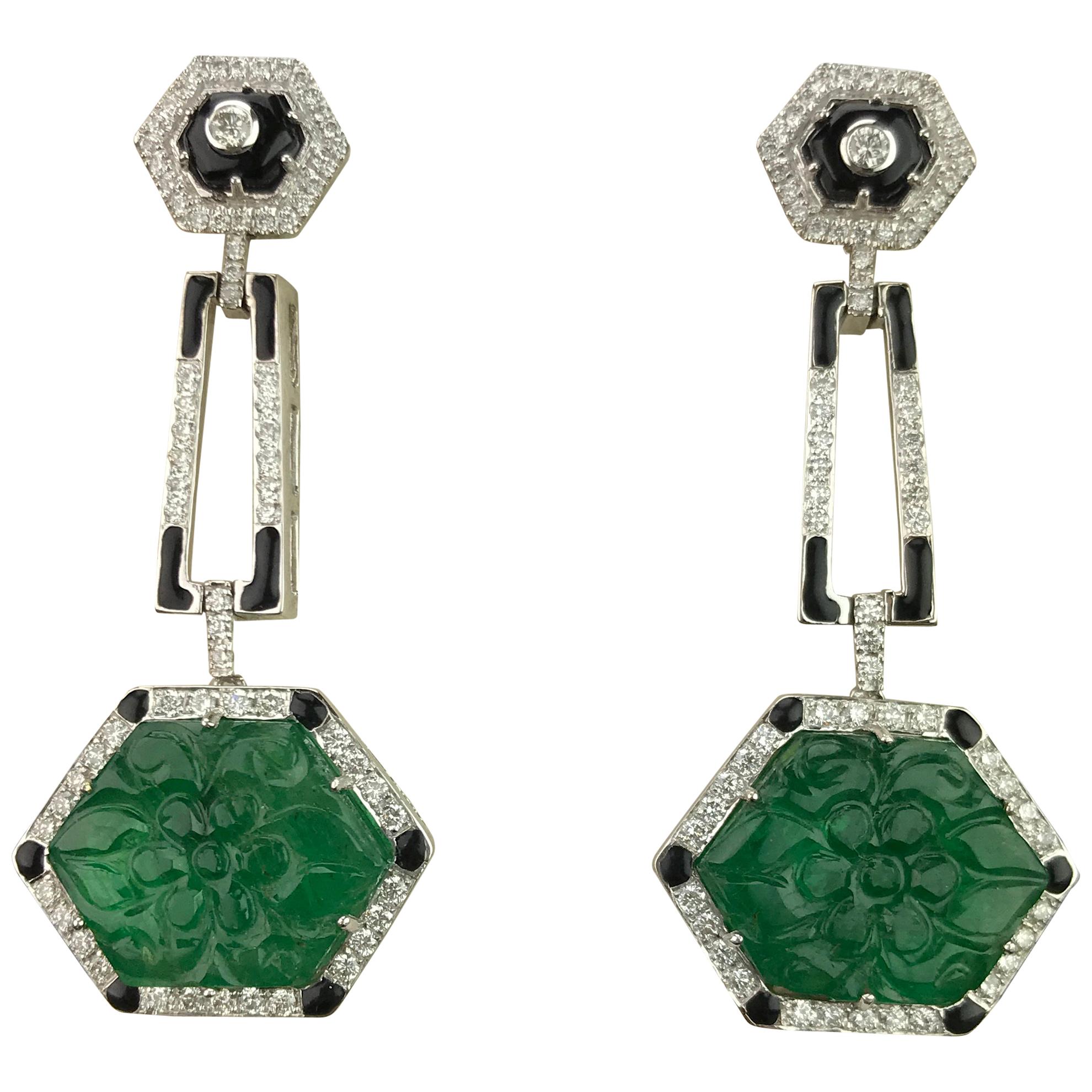 Emerald Carving, Diamond and Black Enamel Dangling Earrings