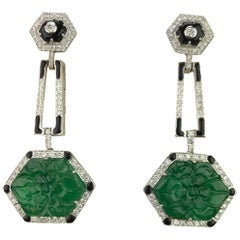 Emerald Carving, Diamond and Black Enamel Dangling Earrings