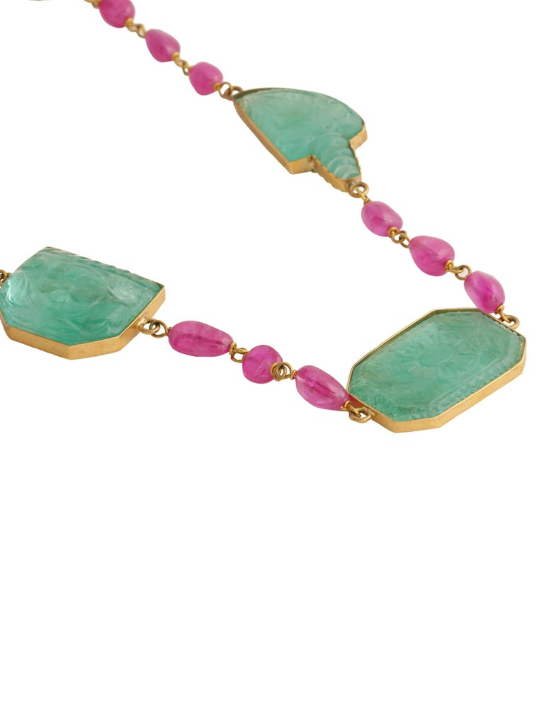 Emerald Carvings and Ruby Beads Necklace with a Rosecut Diamond Set in ...