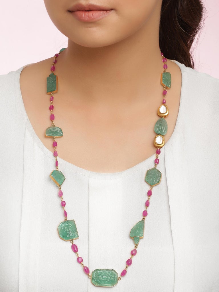 Emerald Carvings and Ruby Beads Necklace with a Rosecut Diamond Set in ...
