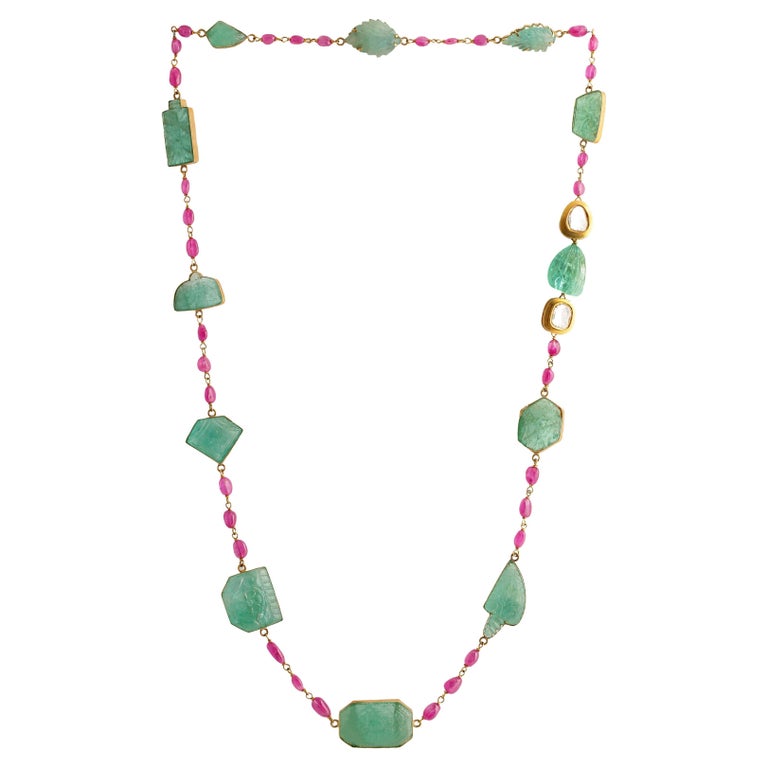 Emerald Carvings and Ruby Beads Necklace with a Rosecut Diamond Set in ...