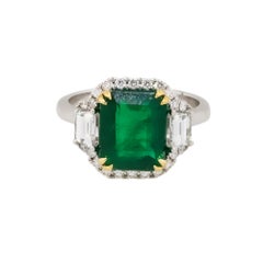 Natural Emerald & Diamond Halo Three-Stone 18-Karat Ring In Stock