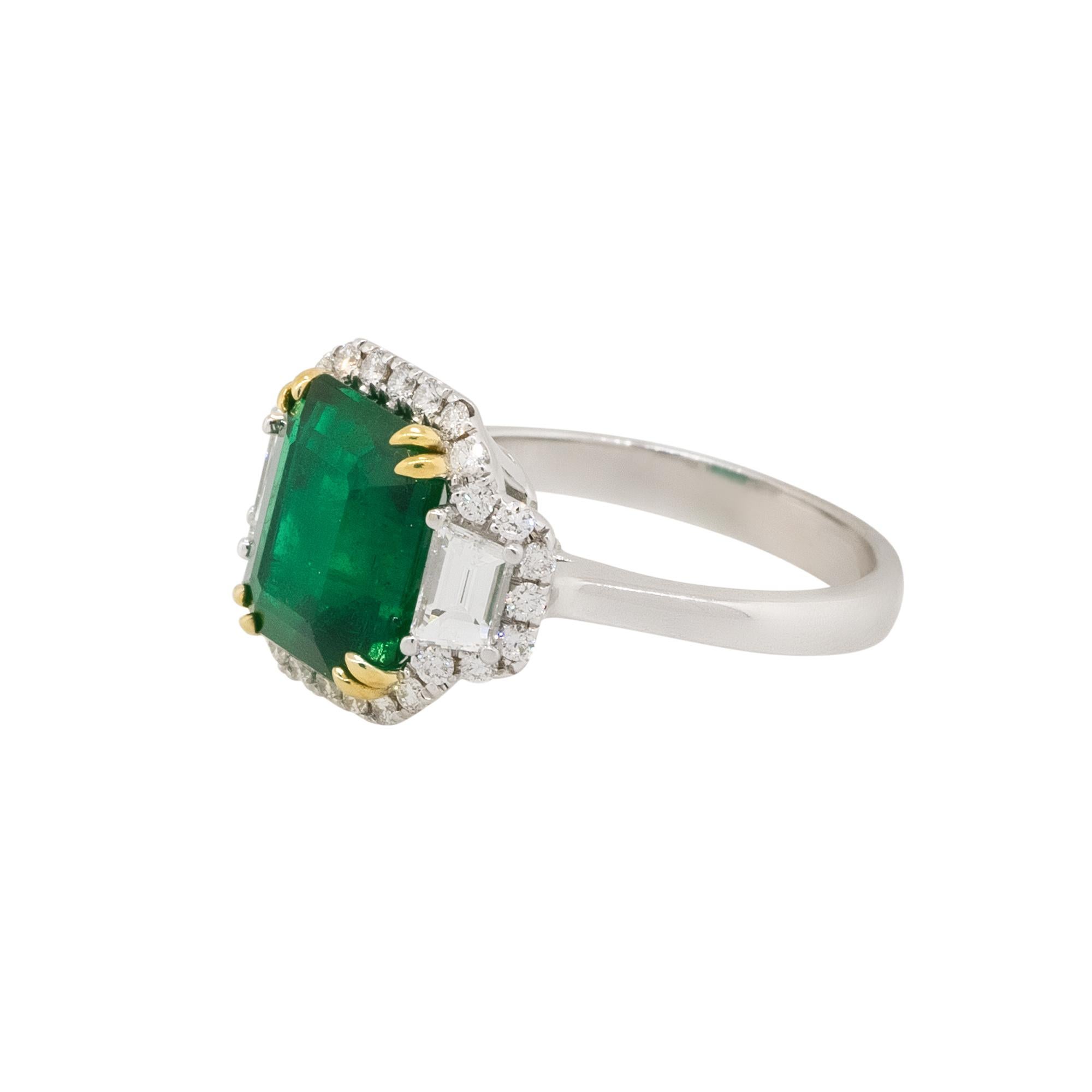 Mixed Cut Emerald Center Diamond Halo Three Stone Ring 18 Karat in Stock For Sale