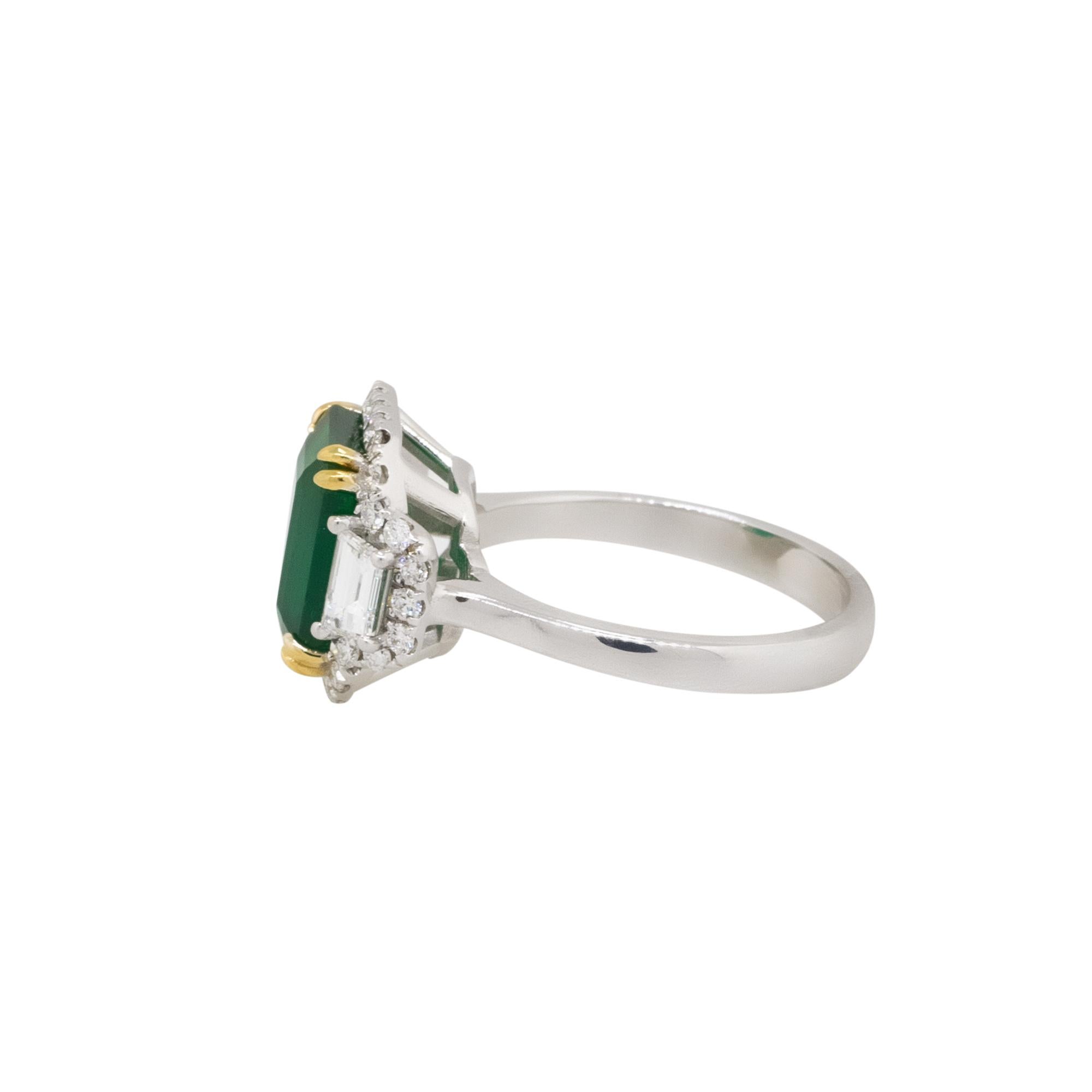 Emerald Center Diamond Halo Three Stone Ring 18 Karat in Stock In Excellent Condition For Sale In Boca Raton, FL