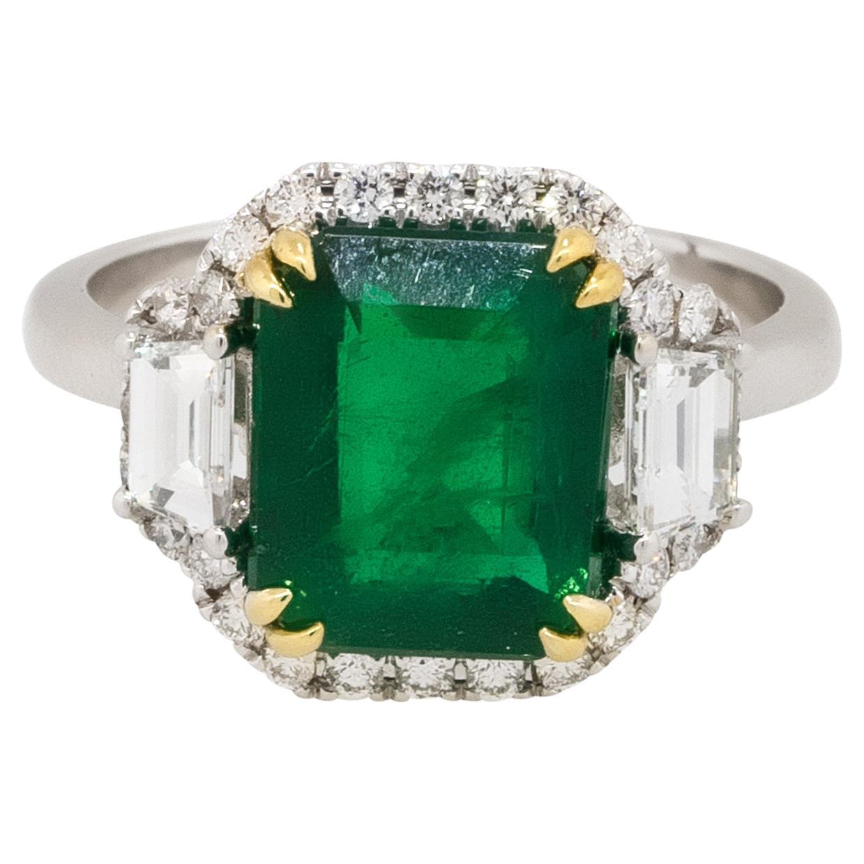 Emerald Center Diamond Halo Three Stone Ring 18 Karat in Stock For Sale