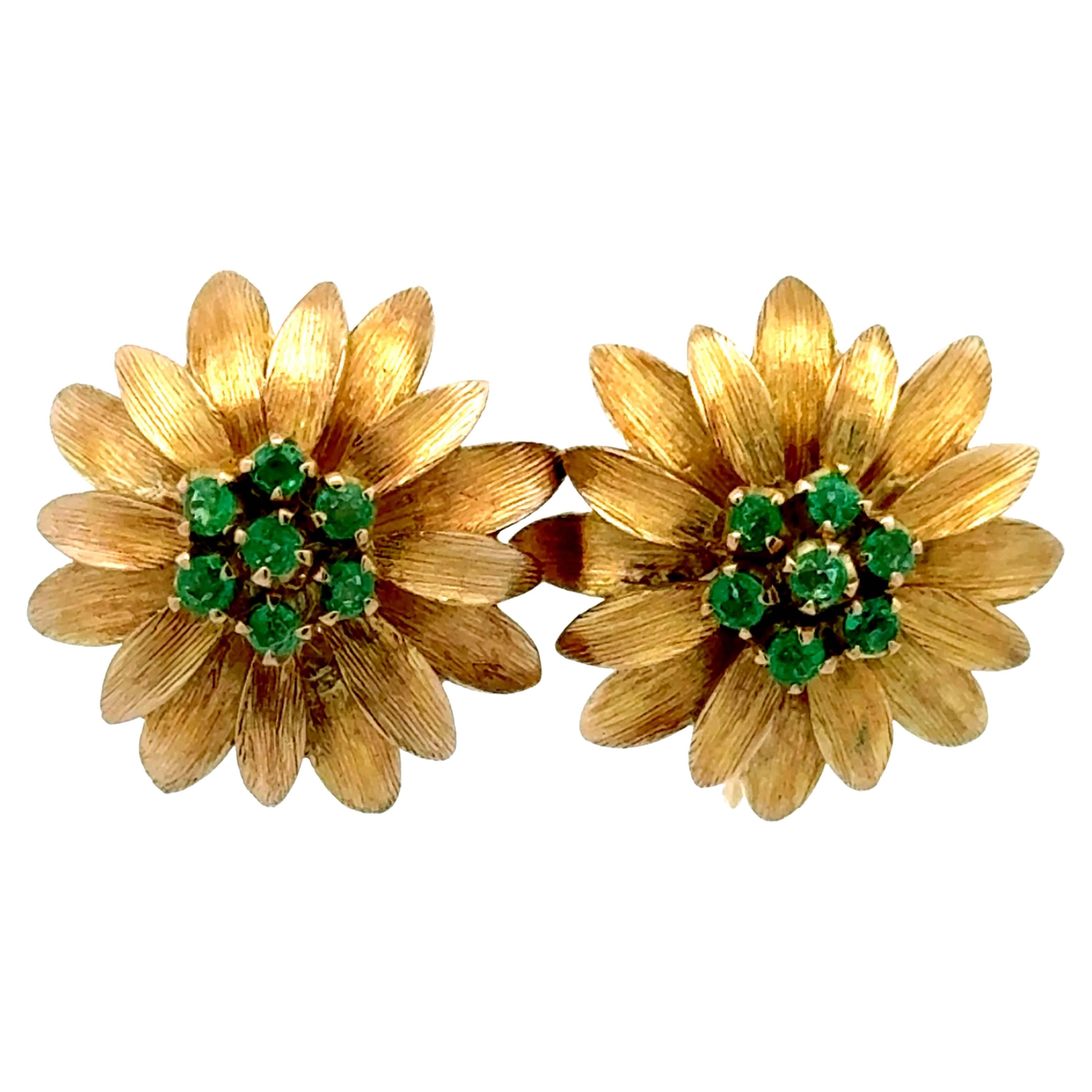 Emerald Center Flower Earrings 14k Yellow Gold