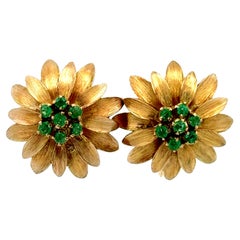 Emerald Center Flower Earrings 14k Yellow Gold