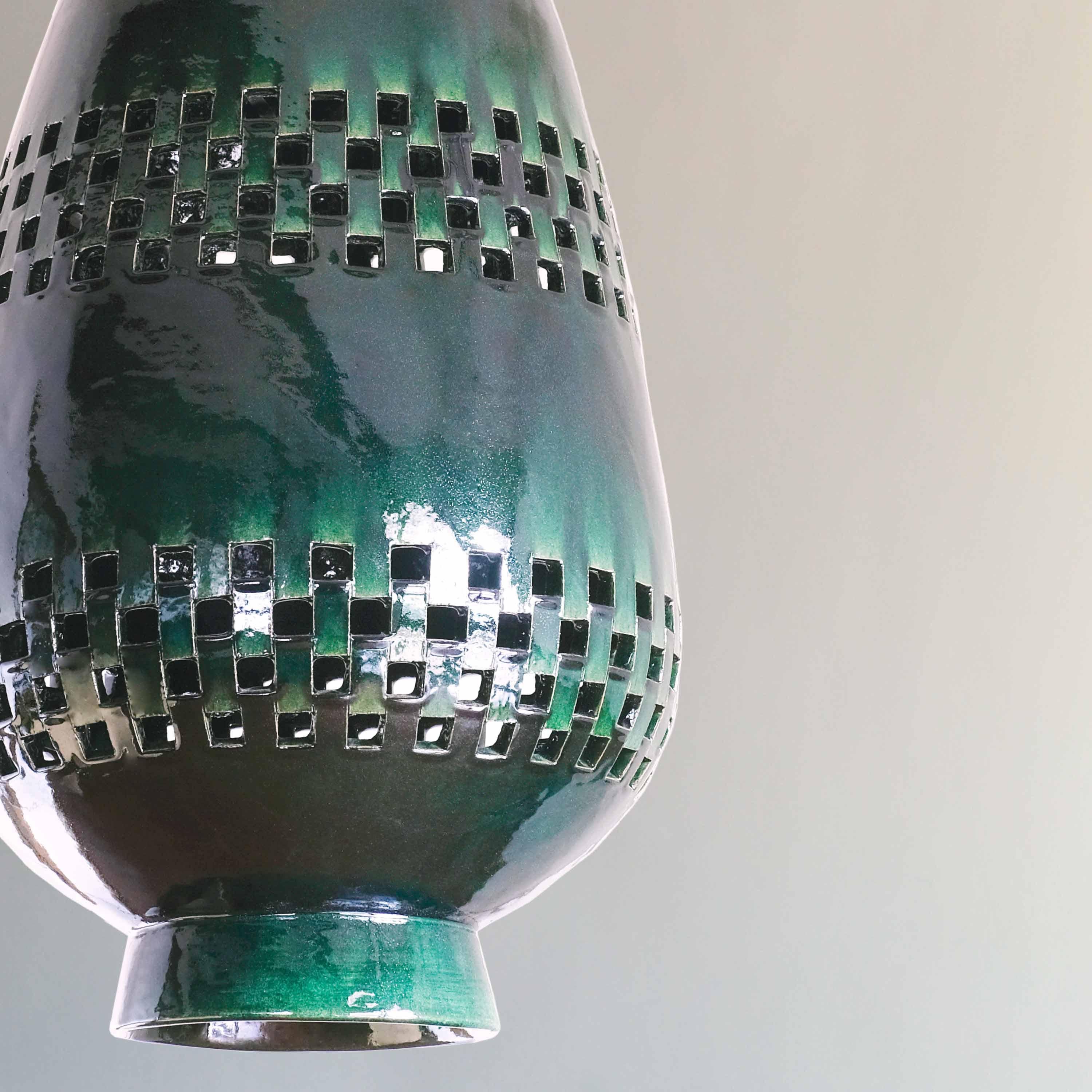 Mid-Century Modern Emerald Ceramic Pendant Light XL, Aged Brass, Ajedrez Atzompa Collection  For Sale