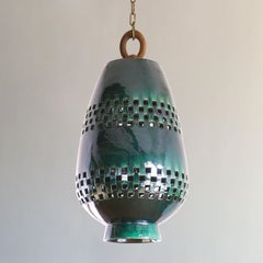 Emerald Ceramic Pendant Light XL, Aged Brass, Ajedrez Atzompa Collection