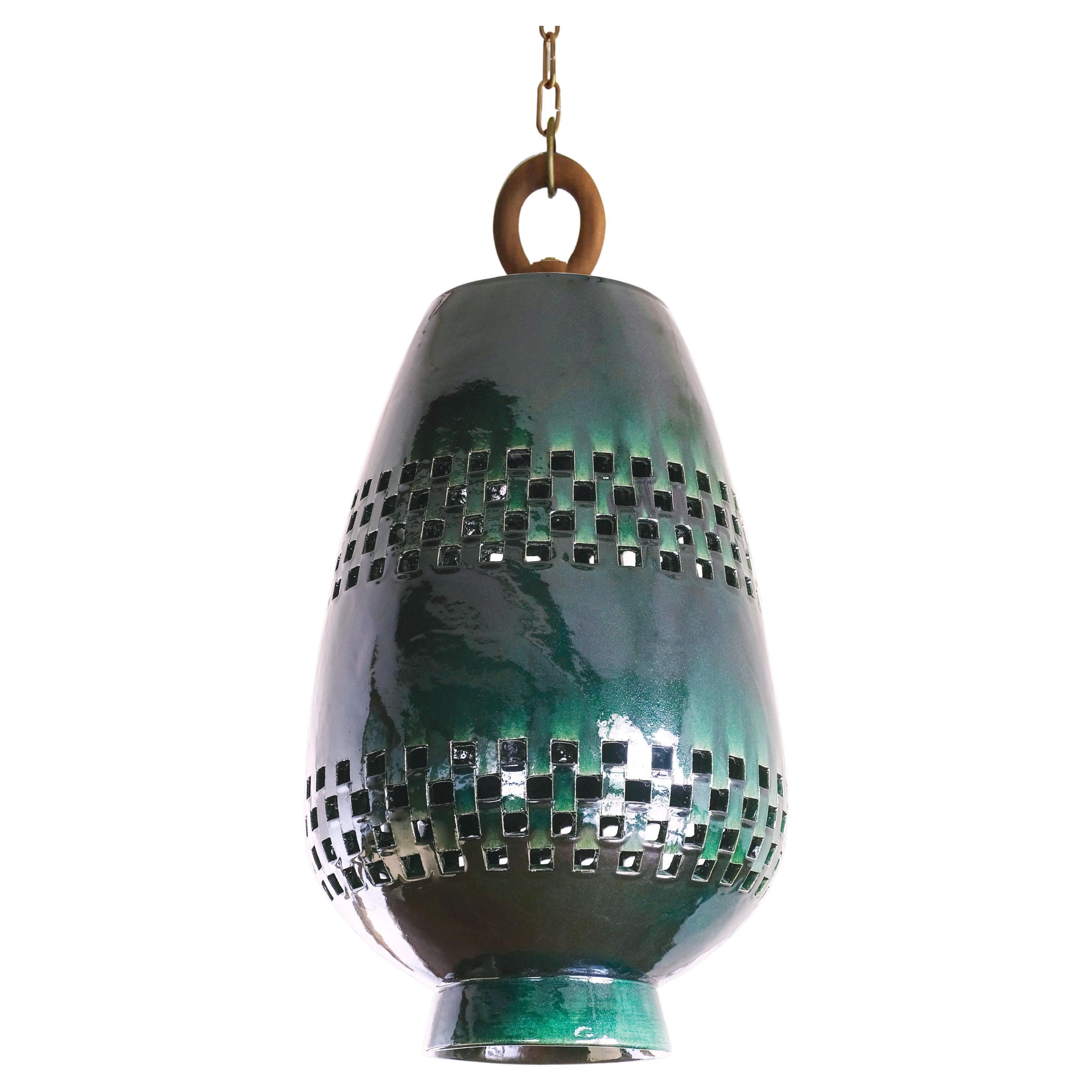 Emerald Ceramic Pendant Light XL, Aged Brass, Ajedrez Atzompa Collection  For Sale