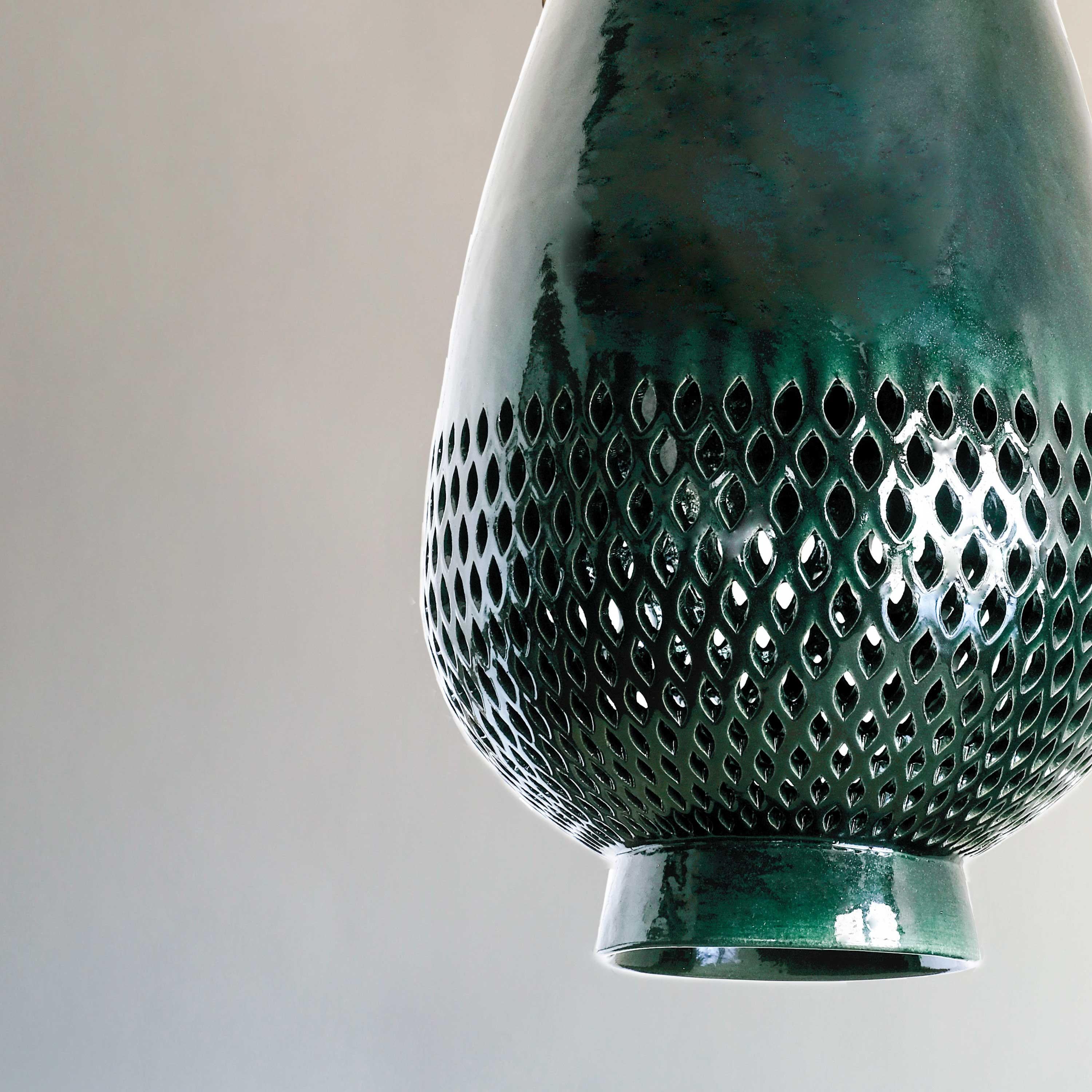 Mid-Century Modern Emerald Ceramic Pendant Light XL, Aged Brass, Diamantes Atzompa Collection  For Sale