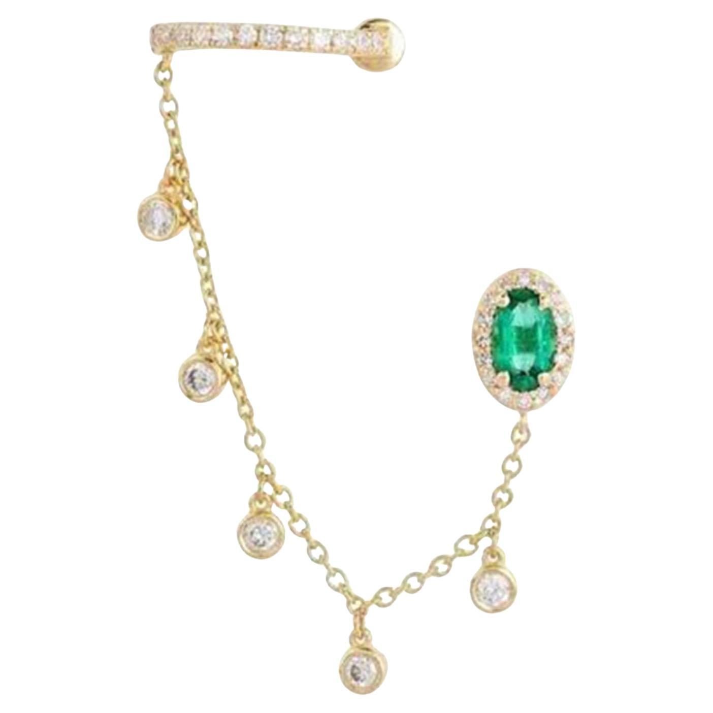 0.25ct Diamond & Emerald 14K Yellow Gold Chain Drop Earrings For Sale