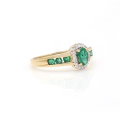 Emerald Engagement Ring with Halo Diamond Set in 14K Solid Yellow Gold
